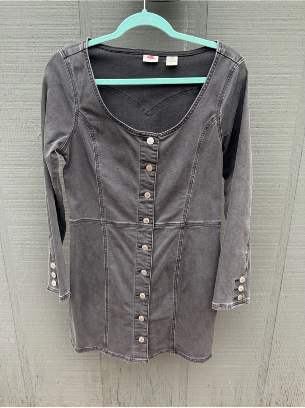 Levi’s Button Front Denim Mini Dress Gray Long Sleeve Stretch Size M